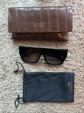 12 PM Studios New York Black Sunglasses with Brown Croc Case